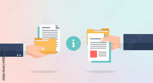 Hands exchanging files and folders with an information icon in the middle