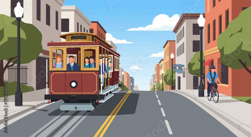 Iconic cable car travels up a hill on a sunny urban street