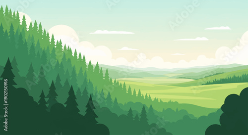 Green rolling hills and evergreen forest under a hazy sky