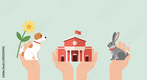 Hands hold a dog, a building, and a rabbit against a light blue sky