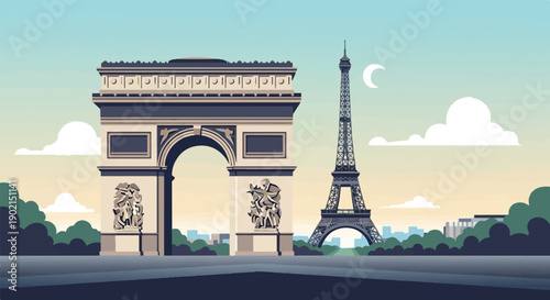 Iconic Parisian landmarks under a twilight sky with pixelated clouds and a crescent moon