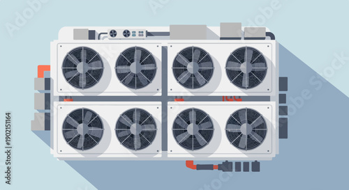 Industrial HVAC unit with eight large fans on a light blue background
