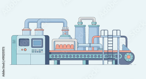 Industrial factory machinery with pipes, tanks, screens, and conveyor belt