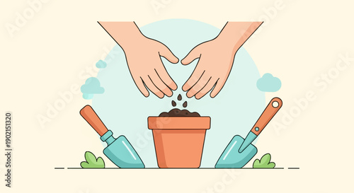 Hands planting seeds into a pot with garden tools