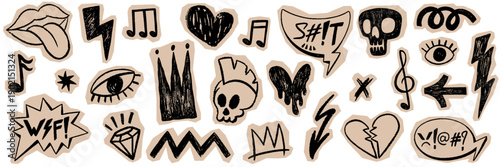 Scrapbook collage punk and rock style crayon drawn shapes. Texture torn grunge collection of graffiti doodle figures. Hand drawn fire, lightning, speech bubbles, rock and roll on cutout paper.