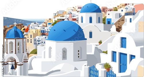 Iconic white buildings with blue domes perch on a hillside overlooking the ocean