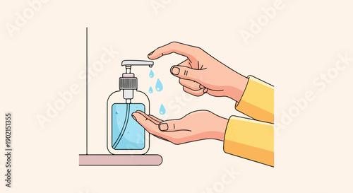 Hands pressing dispenser for sanitizer drops into palm for cleanliness