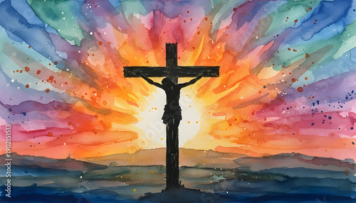 Silhouette of crucified Jesus Christ on cross on colorful sunset art background.