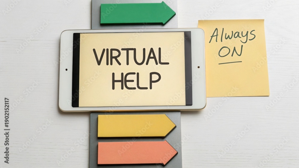 Naklejka premium Tablet showing Virtual Help with arrows in flatlay layout