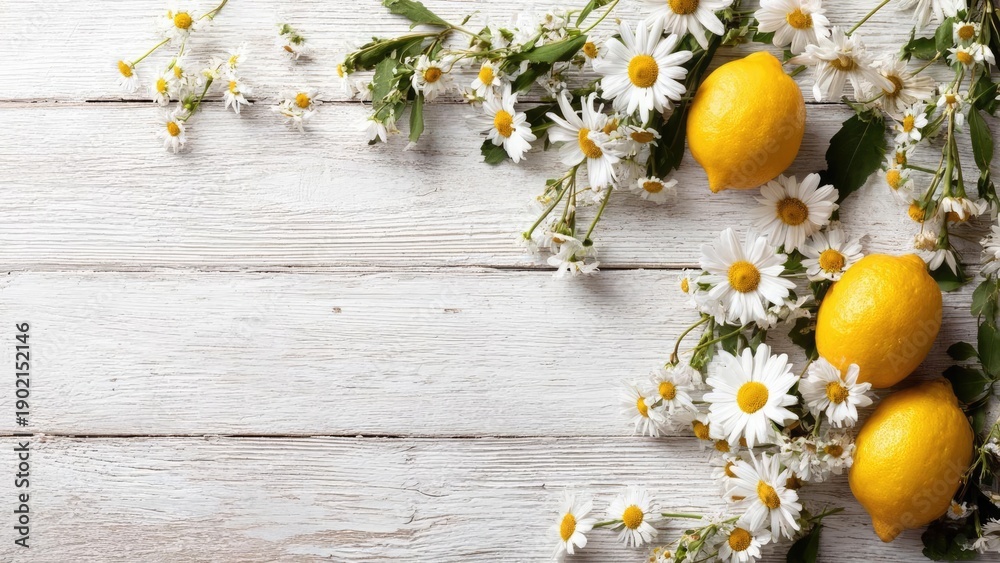 Fototapeta premium White wooden surface with white daisies and bright yellow lemons arranged along the right edge. Concept Still Life Photography, White Daisy Arrangement, Yellow Lemon Accents