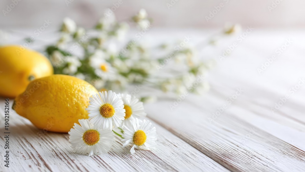 Naklejka premium Two yellow lemons sit on a white wooden table, with white daisies in the foreground and a soft floral backdrop. Concept Lemon still life, White wooden table, Daisies in foreground