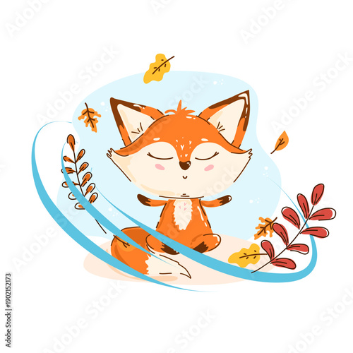 Cute cartoon fox with closed eyes sitting in a relaxed pose among autumn leaves. Calm kids style artwork for postcards, stickers, posters and decorative prints.