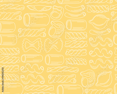 Seamless pattern with different types of pasta on a yellow background. Outline illustrations of italian pasta of different shapes, dry macaroni. Pattern for menu, Italian cuisine restaurant.