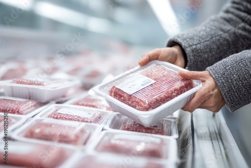 Woman buying plastic tray packaging of minced meat in the meat department of the supermarket. Customer holding a package of Fresh plastic wrap ground beef. Grocery store cooler display. Food storage.