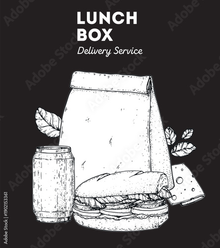 Lunch box set. Hand drawn vector illustration. Meal box sketch.