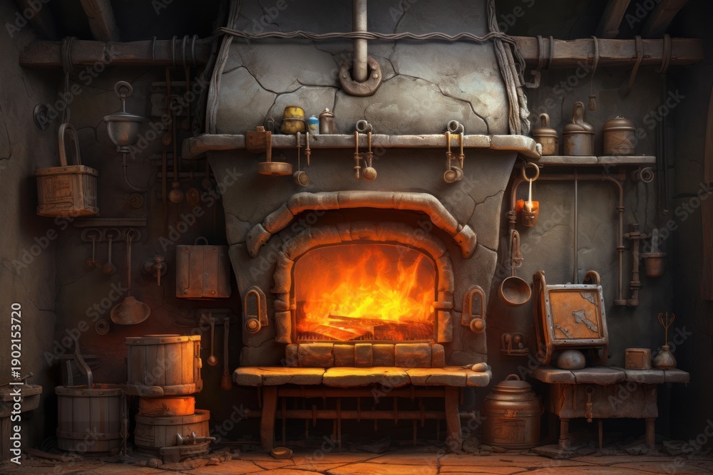 Fototapeta premium Dark medieval forge interior featuring a stone furnace with a roaring fire and blacksmith tools