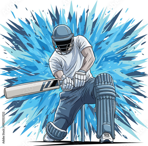 A cricket player is about to hit a ball