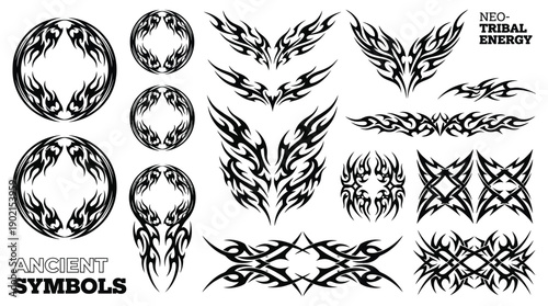 Tribal Shape Cover with Y2K Cyber Gothic Abstract Neo Tribal Frames, Ornamental Tattoo Elements, and Artistic Metal Streetwear Style, Vector Tribalistic Tattoo Design Set