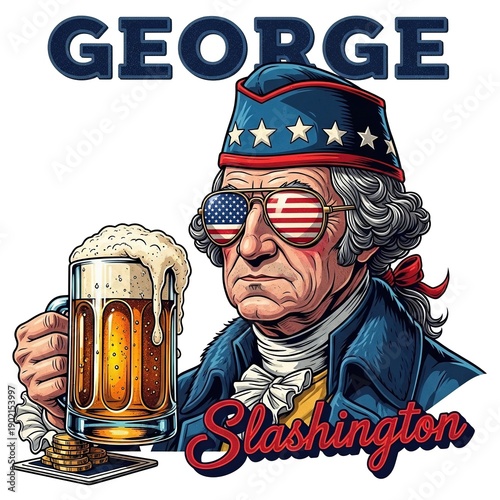 Cartoonish historical figure George Washington holding beer mug with patriotic sunglasses and hat in humorous style flat illustration