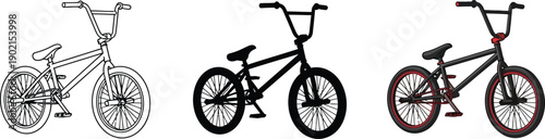 Collection of BMX bicycle illustrations including line art silhouette and colored vector designs for sports and extreme activities