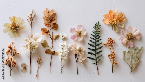 Assorted dried pressed flowers and foliage laid out in a neat row. Concept Dried pressed flowers arranged in a neat row, Rustic botanical flat lay with petals and leaves