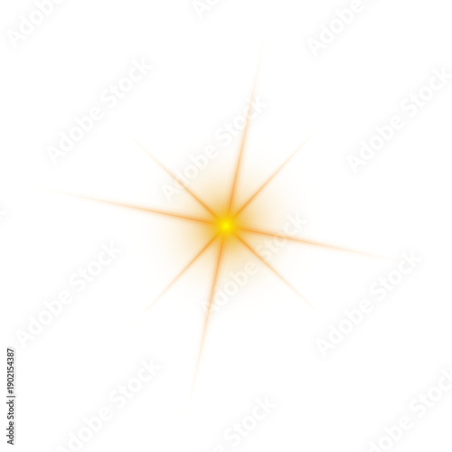 Abstract Golden Lens Flare Starburst Light on White Background, Glowing Sunburst Effect