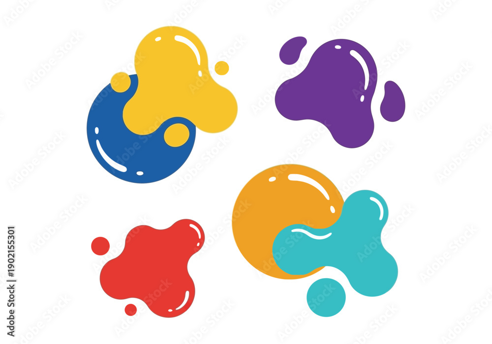 Fototapeta premium Abstract liquid shapes in vibrant colors, dynamic graphic illustration with glossy highlights on a white background.