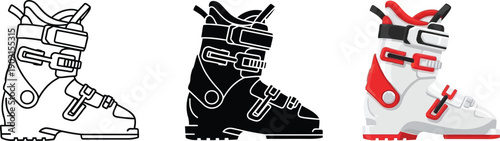 Collection of ski boot illustrations in outline silhouette and color representing winter sports gear for design