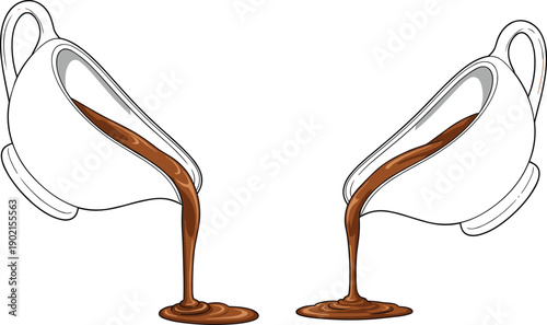 Cartoon gravy boat illustration with two pouring vessels, symmetrical design showing brown liquid flow for culinary and food graphics