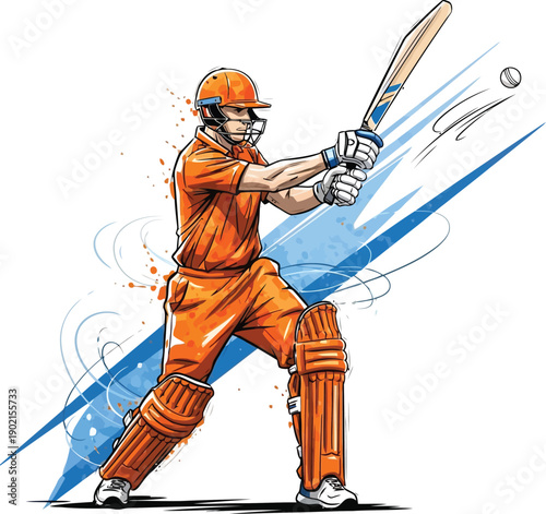 Cricket player in orange uniform hitting a ball