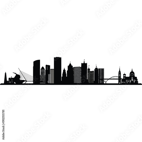 Striking black silhouette of a cityscape featuring iconic buildings and bridges