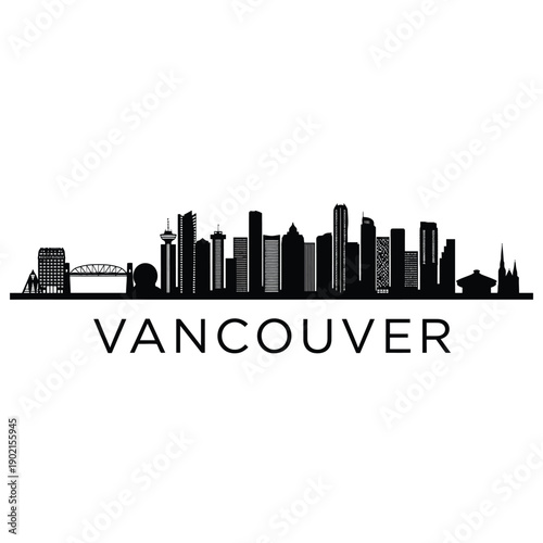 Silhouetted skyline of vancouver british columbia canada with text