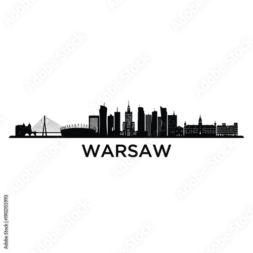 Warsaw skyline silhouette with prominent bridge and urban structures