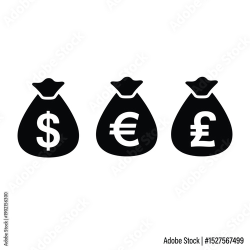 Three black silhouettes of money bags displaying dollar euro and pound symbols