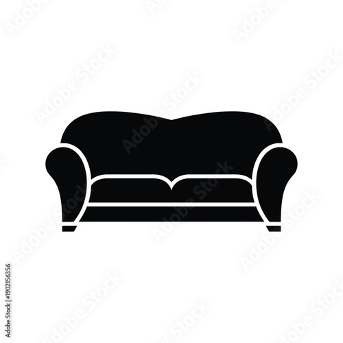 Simple black silhouette of a classic cushioned sofa or couch design
