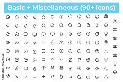 Basic and Miscellaneous Line Icons Set with 90 Plus UI Symbols Vector