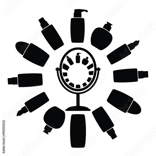 Black silhouette arrangement of makeup products surrounding a vanity mirror