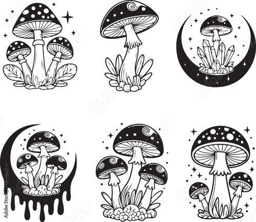 Black and white illustration of various mushrooms with moon and stars