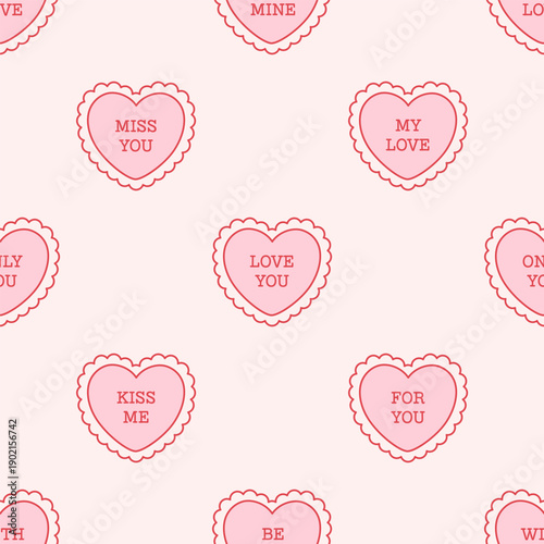 Seamless pattern with cute outline hearts with romantic messages. Hearts with love inscriptions. Design for banner, wallpaper, wrapping paper, background, card, poster. Vector illustration