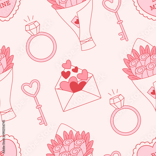 Seamless pattern with cute outline Valentines Day elements. Design for banner, wallpaper, wrapping paper, background, card, poster. Vector illustration in flat style