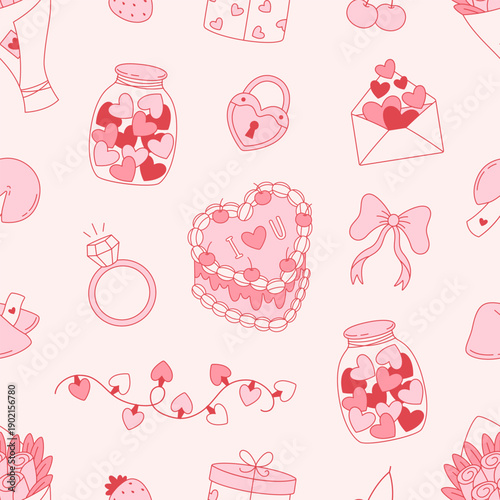 Seamless pattern with cute outline Valentines Day elements. Design for banner, wallpaper, wrapping paper, background, card, poster. Vector illustration in flat style