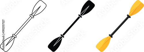 Collection of kayak paddles in outline solid black and yellow vector styles representing water sports and outdoor adventure