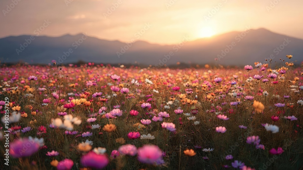 Fototapeta premium Sunset over a field of colorful wildflowers with distant mountains on the horizon. Concept Sunset over wildflowers, Colorful meadow at dusk, Distant mountains on the horizon