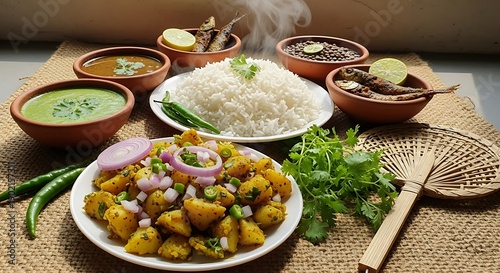 Authentic Bengali cuisine featuring rice, fish, potatoes, and lentil curry served in clay pots