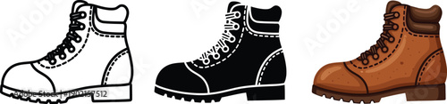Collection of hiking boot icons in outline silhouette and realistic styles perfect for outdoor adventure or workwear design