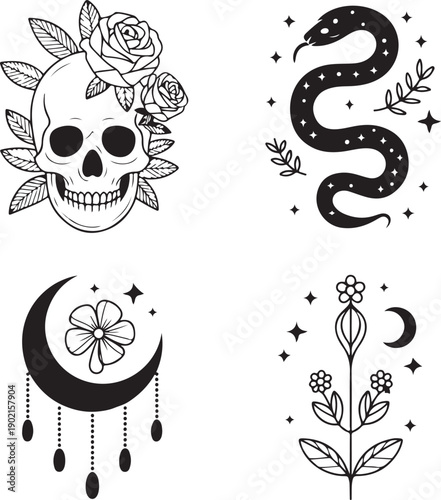 Black and white illustrations of skulls snakes flowers and crescent moons
