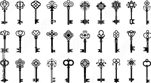 Ornate vintage key silhouettes, decorative bow designs, floral geometric motifs, antique style, historical reference, puzzle game icons, cad drawing flat vector illustration