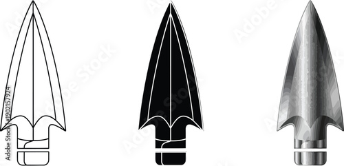 Collection of arrowhead icons featuring outline solid black and metallic styles for diverse design applications isolated on white