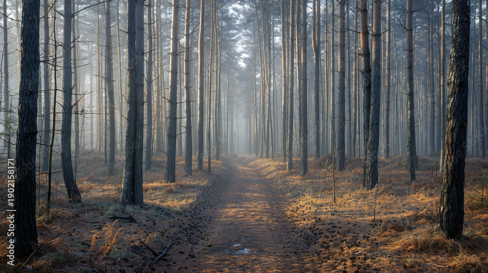 Obraz premium Misty pine forest path at sunrise, top-down symmetrical flat lay, luxury studio aesthetic