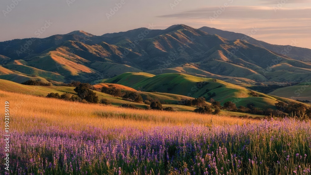 Fototapeta premium Golden rolling hills at sunset with a purple lavender field in the foreground and distant mountains. Concept Golden Hills at Sunset, Lavender Field Foreground, Mountain and Sky Silhouette